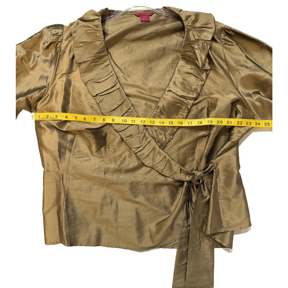 Sunny Leigh Blouse Womens 20W Gold Silk Wrap Ruffle Tie Front Dressy Top - Picture 5 of 6